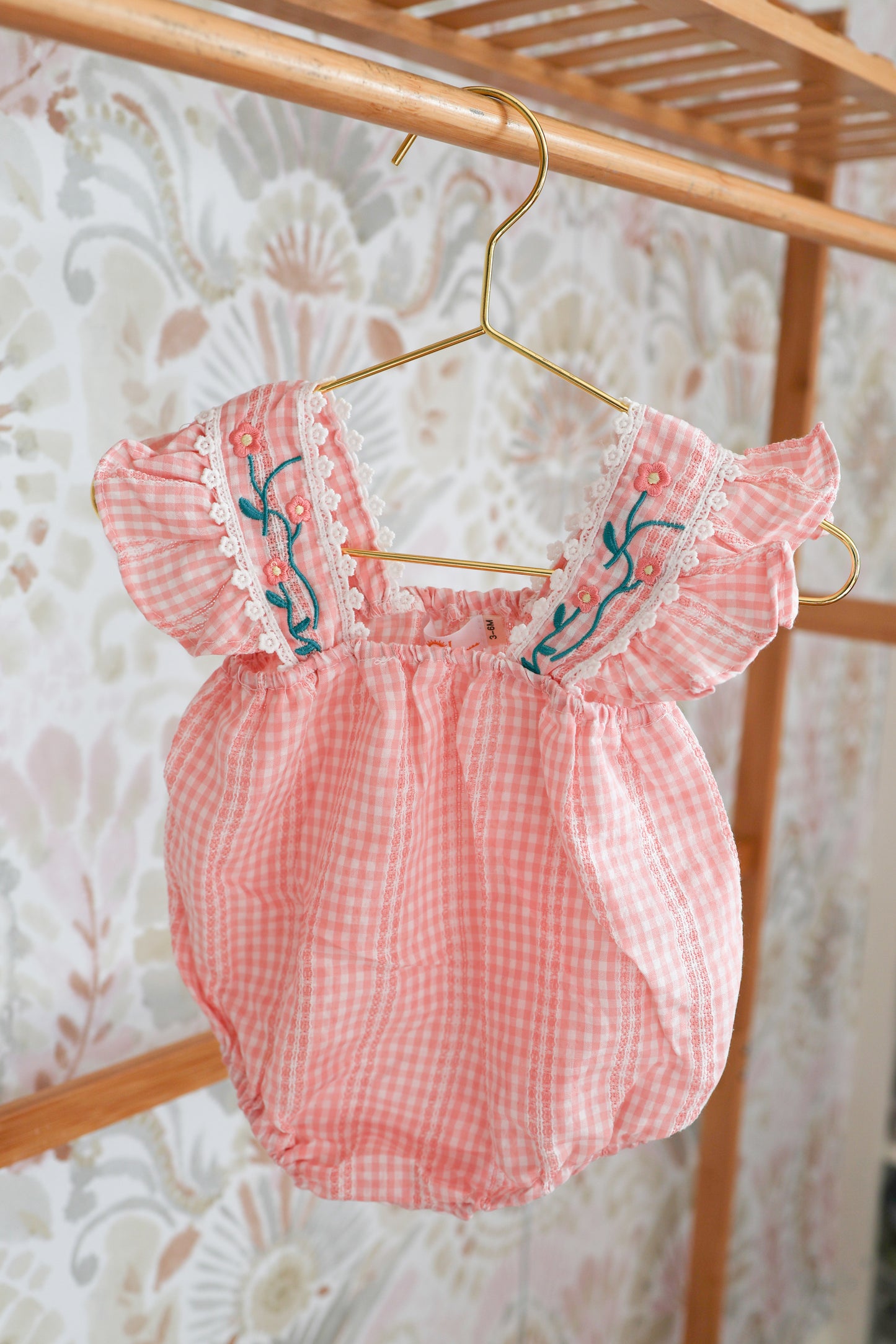 Embroidered Gingham Romper