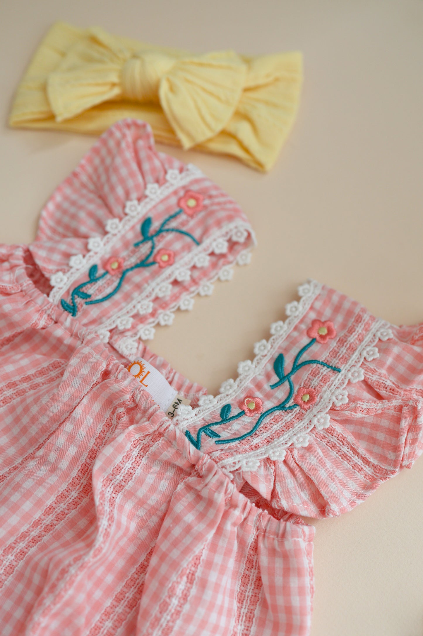 Embroidered Gingham Romper